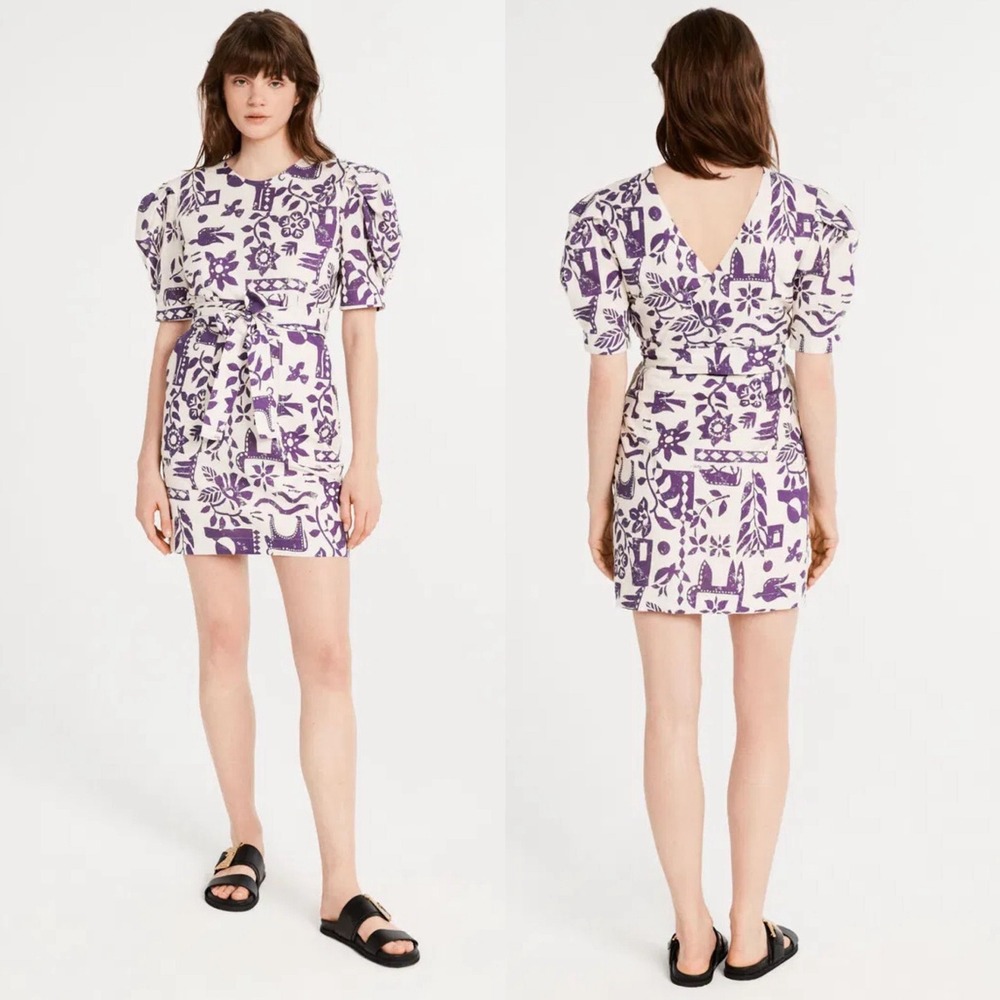 Claudie Pierlot Purple White Linen Blend Block Print Mini Dress FR 36 US 4